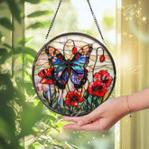 Butterfly & Red Poppy Suncatcher: Floral Stained Glass Window Decor
